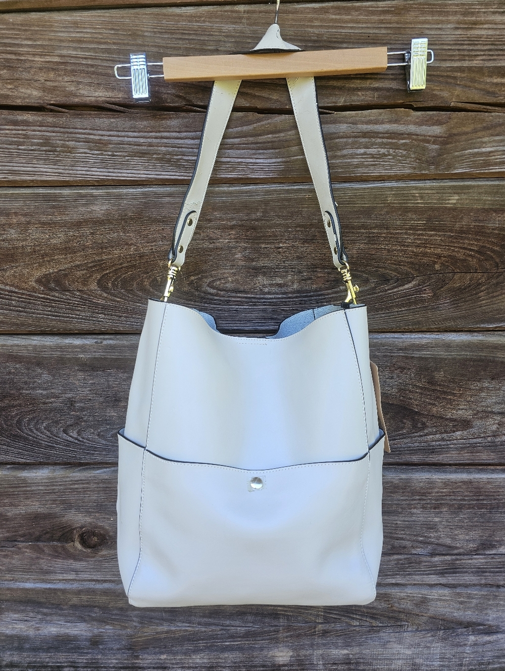 S-Zone Cream Leather Bucket Tote Shoulder Bag Gold Hardware